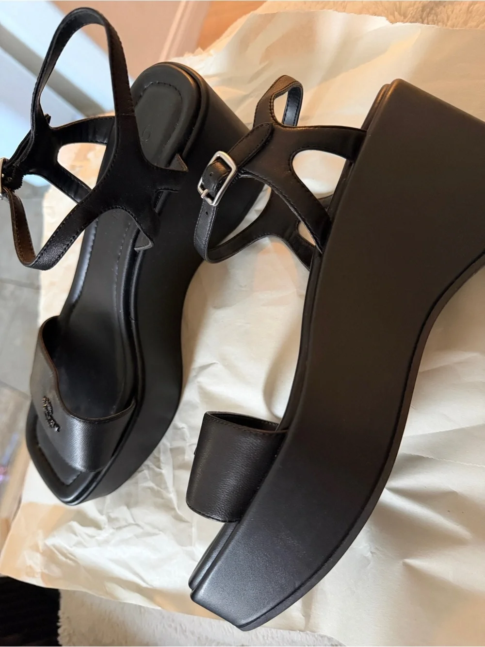 Coach Black Leather Platform Slingback Sandals